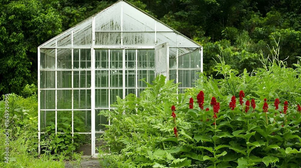 Fototapeta premium Serene Greenhouse Surrounded by Vibrant Red Flowers and Lush Foliage