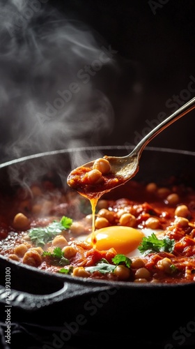 Spiced chickpea shakshuka with fresh cilantro and a soft egg. Rustic shot, ideal for cookbooks and food blogs. Warm, aromatic Middle Eastern dish.