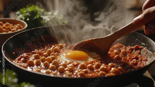 Rustic shakshuka with chickpeas, eggs, and tomato sauce. Dark moody lighting, cast-iron skillet, perfect for Mediterranean food themes. Hearty homemade comfort meal.