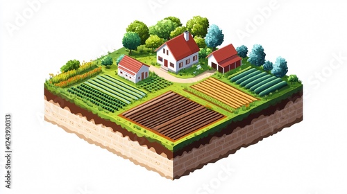 Layered 3D Isometric Block Depicting Earth's Strata with Farmland on Top