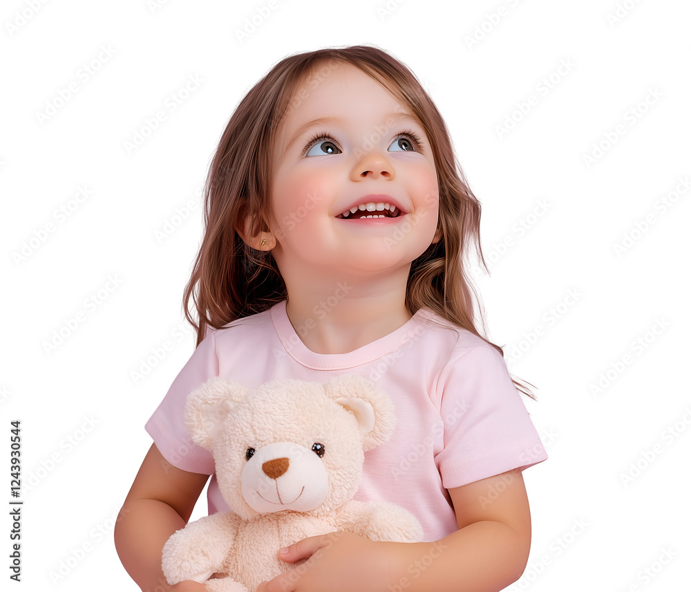 Happy toddler girl holding a teddy bear, looking up with a joyful expression, innocence and childhood happiness captured in a heartwarming image, cutout, isolated on white background Happy toddler girl holding a teddy bear, looking up with a joyful expression, innocence and childhood happiness captured in a heartwarming image, cutout, isolated on white background