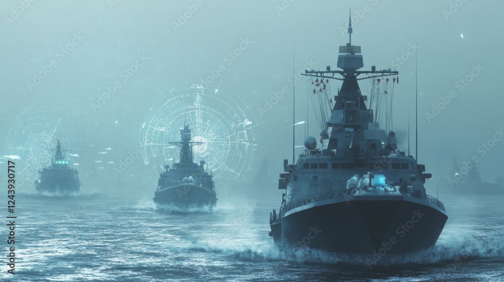 Naval and aerial defense assets patrolling borders with radar imagery blended into the scene, 16:9 Naval and aerial defense assets patrolling borders with radar imagery blended into the scene, 16:9