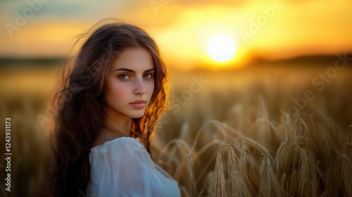 Portrait of young Caucasian woman smiling humble and hopeful gaze background of barley field at sunset