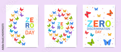 Zero Discrimination Day greeting cards with colorful butterflies and vibrant text, symbolizing equality, diversity, and inclusion.