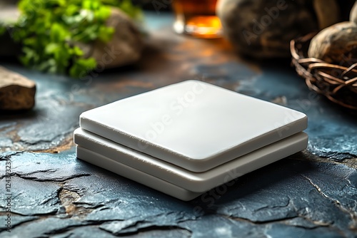 Blank White Square Coasters on Dark Stone Surface
