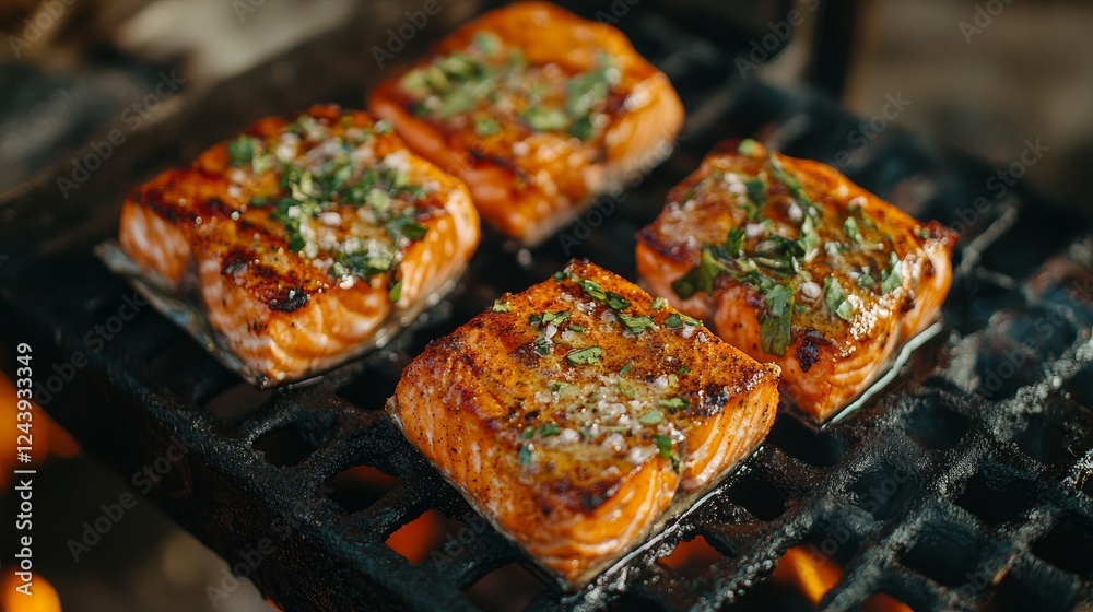Salmon steak cooked on a grill and topped with seasonings Salmon steak cooked on a grill and topped with seasonings