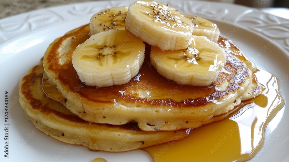 Pancakes on a white tabletop with honey and banana slices on top Pancakes on a white tabletop with honey and banana slices on top