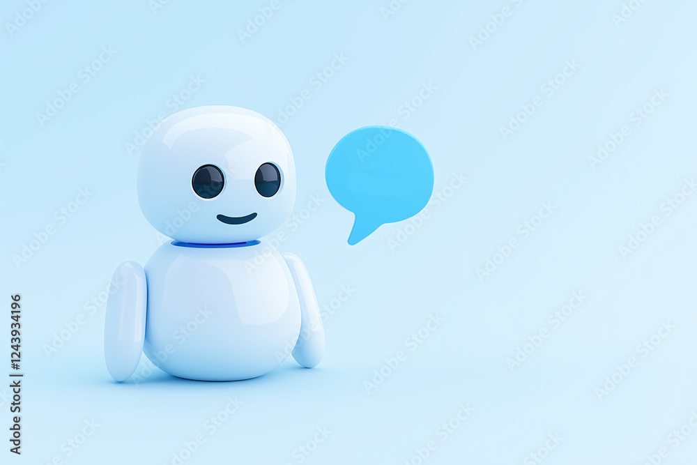 Fototapeta premium Friendly AI Chatbot: A cheerful, minimalist 3D illustration of a white chatbot with a blue speech bubble, symbolizing communication, artificial intelligence, customer service, and tech support.