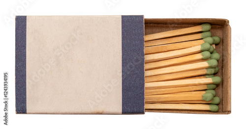 Open white box with matches on a white background.Fire. Fire. Safety. Match isolate with green sulfur