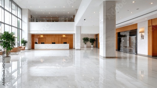 Modern hotel lobby reception area; spacious, bright interior with marble floors, plants, and a second-floor balcony; ideal for travel brochures