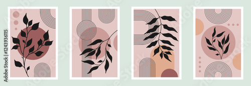 Zen arch poster set with botanical element, simple line arch shapes, and leavs. Geometric Japanese zen pattern minimal elements. Boho style strips,