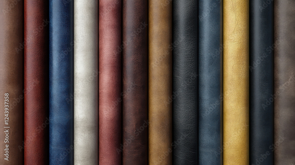 variety of smooth leather textures in different colors are displayed vertically, showcasing range of rich and vibrant hues variety of smooth leather textures in different colors are displayed vertically, showcasing range of rich and vibrant hues