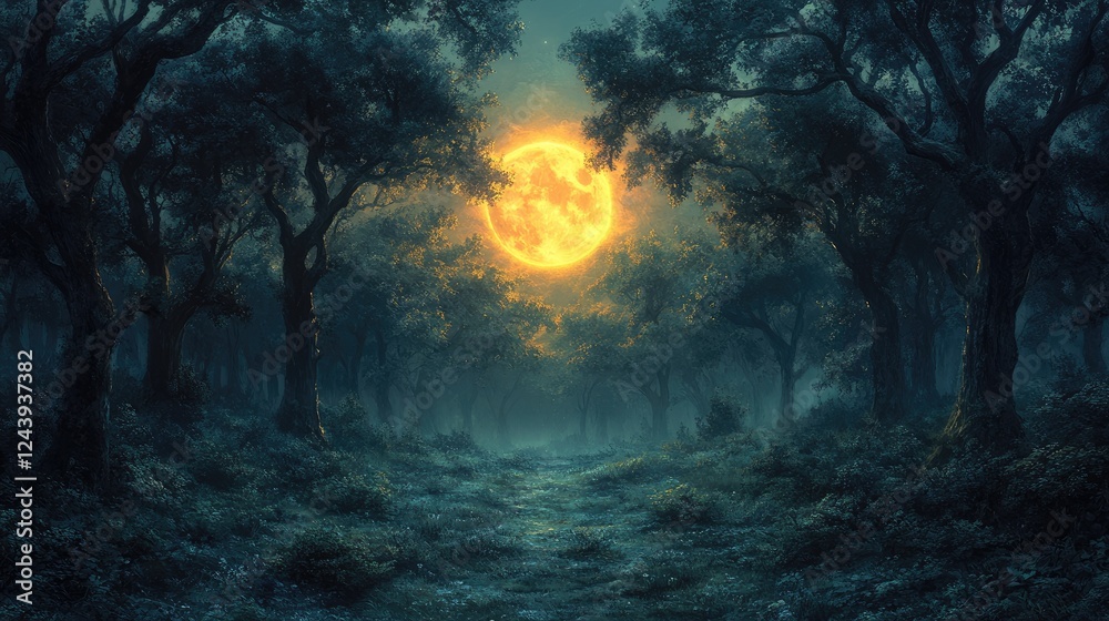 A serene forest illuminated by a large, glowing moon amidst dark trees and mist.
