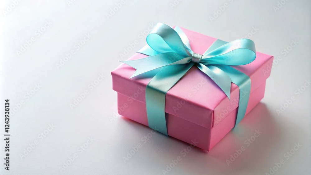 A Pink Gift Box with a Light Blue Ribbon Bow on a White Background A Pink Gift Box with a Light Blue Ribbon Bow on a White Background