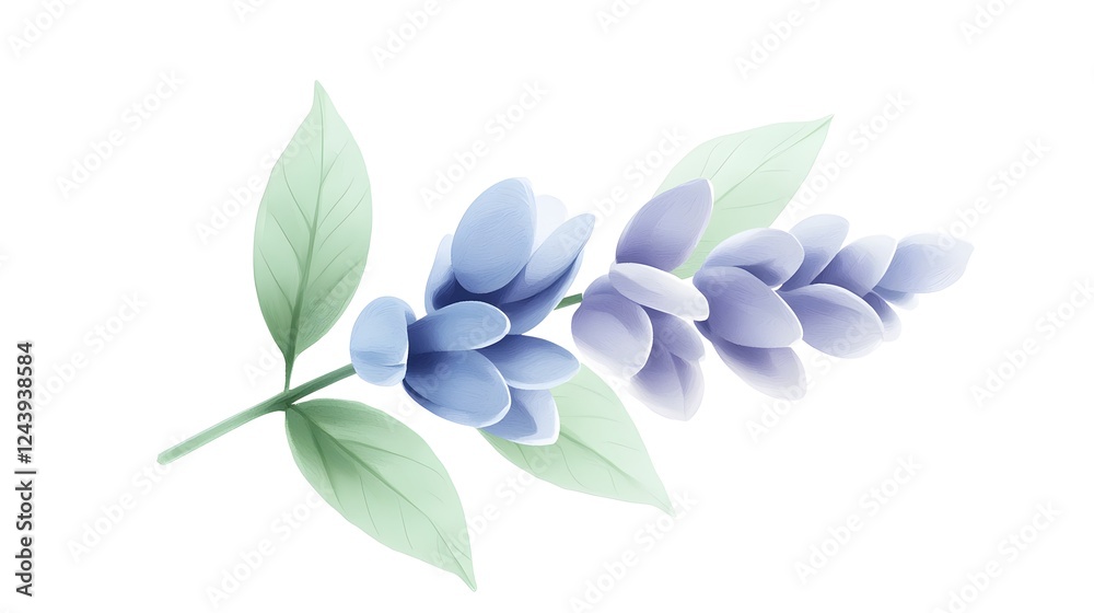 Obraz premium Delicate Blue Flower Branch With Soft Leaves on White Background