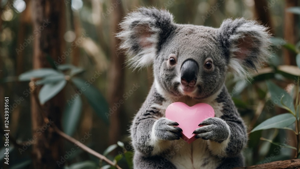 A cute koala sits on a tree branch holding a pink heart, symbolising love and nature A cute koala sits on a tree branch holding a pink heart, symbolising love and nature