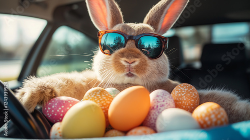 Easter Bunny wearing sunglasses enjoys a joyful drive with colorful eggs filling the passenger seat on a sunny day. Generative AI
