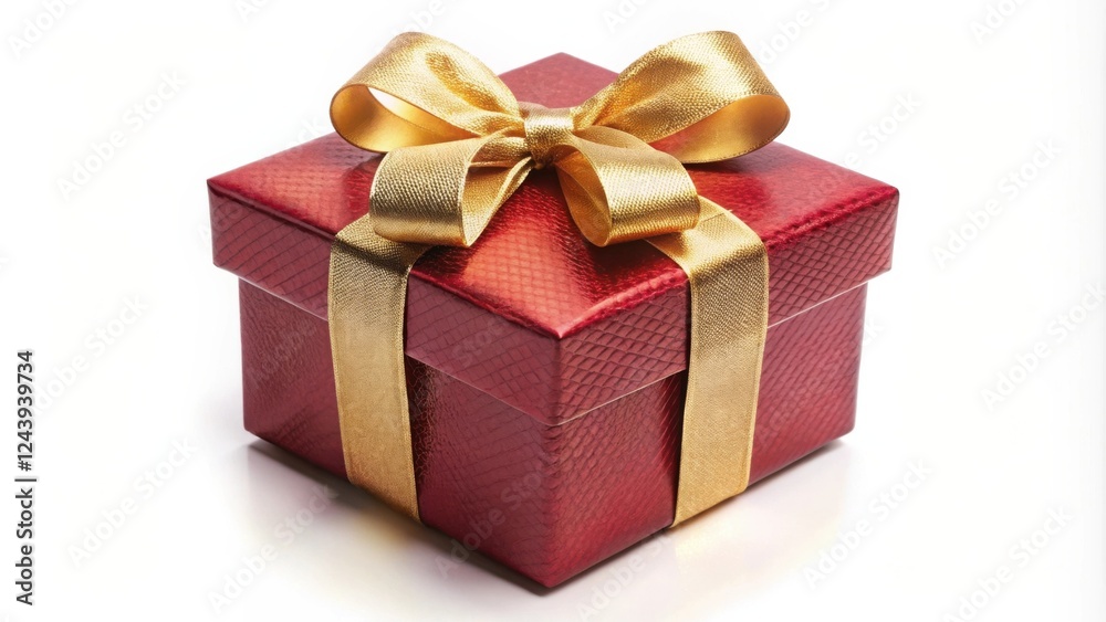Obraz premium A crimson gift box adorned with a golden ribbon and bow
