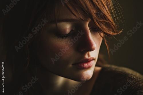 A soft, muted portrait of a person with an introspective expression, bathed in low, warm lighting, capturing a demure mood, minimal background with copy space