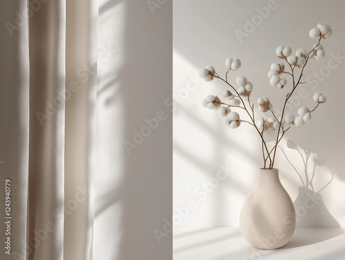 Elegant simplicity shines through light and shadow in a serene indoor arrangement featuring soft curtains and a delicate cotton flower vase. Generative AI photo