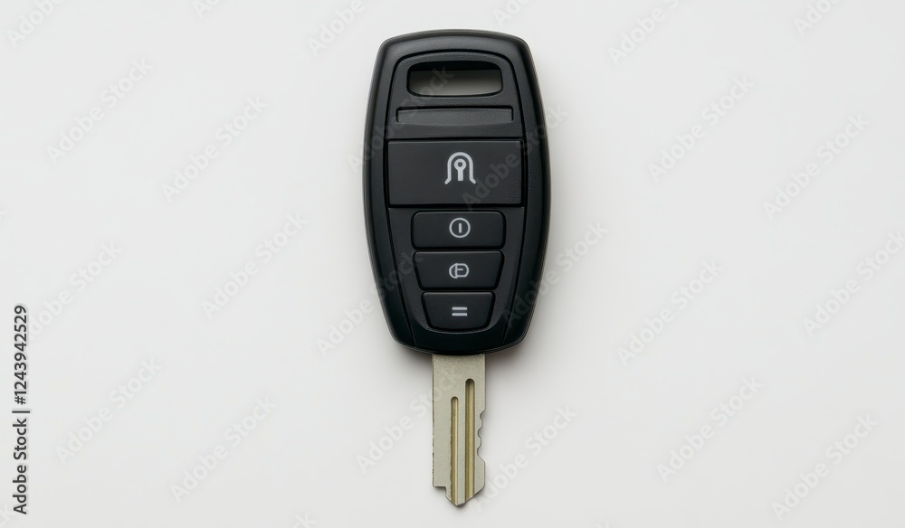 Black car key with buttons on white background. Top view, close up product shot Black car key with buttons on white background. Top view, close up product shot