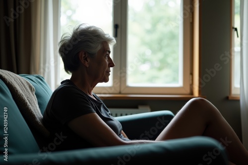 A Thoughtful Elderly Woman Sitting by the Window in a Cozy Living Room, Reflecting on Memories While Gazing Out at the Natural Landscape Beyond photo