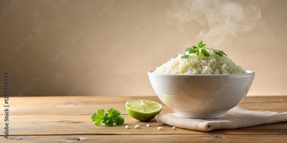 Aromatic Steaming Bowl of Fluffy Rice with Lime and Herbs on Wooden Table Aromatic Steaming Bowl of Fluffy Rice with Lime and Herbs on Wooden Table