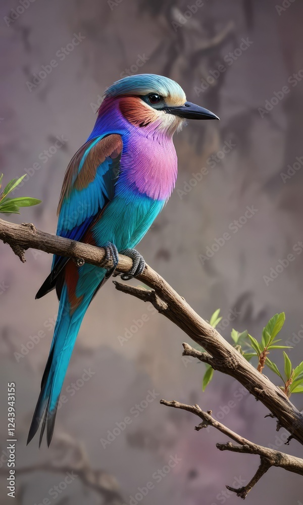 Fototapeta premium Lilac breasted roller with striking colors perched on a branch, sunshine, blue sky