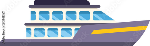Large modern comfortable double decker passenger ship sailing on water surface, water tourism, cruise liner, side view, flat vector illustration