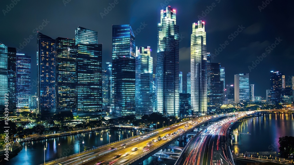 Obraz premium Stunning Night Cityscape with Skyscrapers and Vibrant Lights