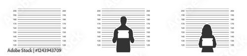Police mugshot lineup of male and female silhouettes. Criminal records, or police identification. Vector illustration in flat