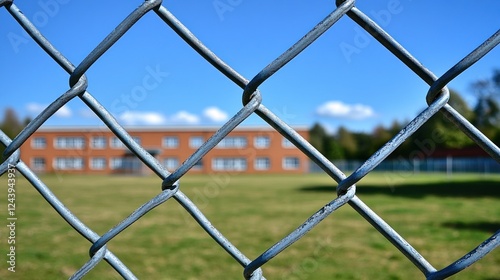 Chain-link fence, school building, sunny day, seclusion