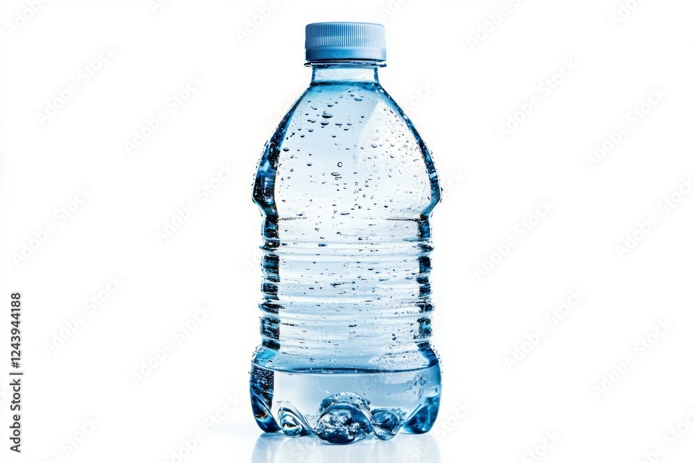 Clear blue plastic water bottle on white background. Neural network AI generated Clear blue plastic water bottle on white background. Neural network AI generated