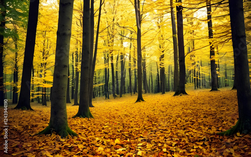 Autumn leaves swirling in a forest clearing