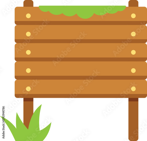 Wooden sign made of planks standing on two posts with grass growing around it, perfect for displaying a message
