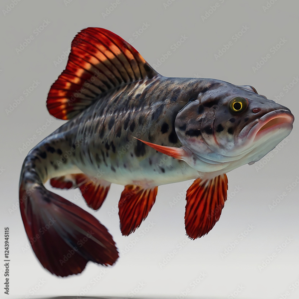 Fototapeta premium Vibrant Redtail Catfish with Striking Markings Isolated on White Background