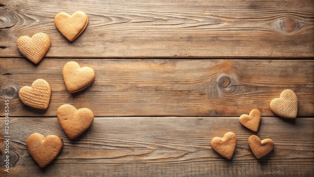 Rustic Wooden Background with Heart-Shaped Cookies Arranged Artistically