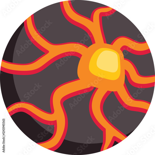Volcanic planet with glowing orange magma covering the surface, resembling a spider web