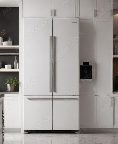 White fridge with stainless steel accents in luxury kitchen, luxury, interior design