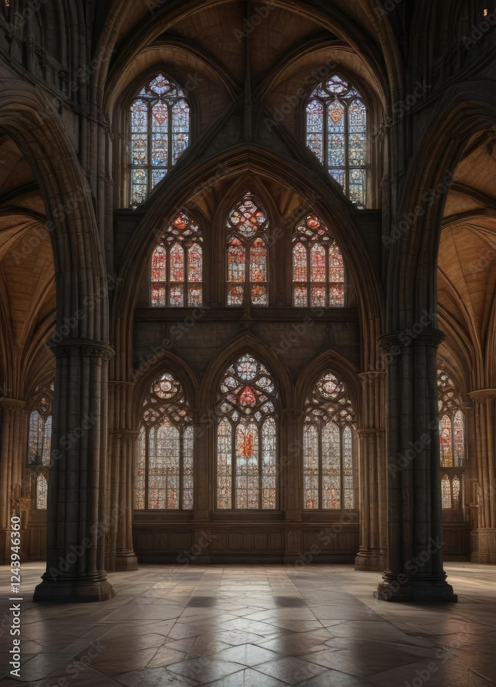 Fototapeta premium Majestic cathedral arches with ribbed vaults and stunning stained glass windows, stained glass windows, cathedral arches, sacred spaces