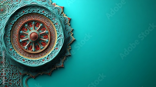 Intricate Teal and Red Mandala Design on Turquoise Background