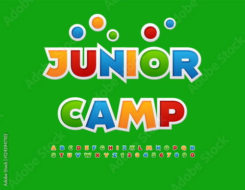 Vector Playful flyer Junior Camp. Bright creative Font. Colorful set of Alphabet Letters and Numbers