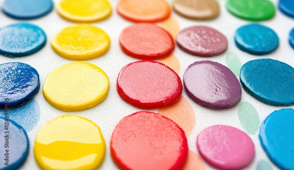 Vibrant colored round shapes arranged on a textured white background. Close up view showcasing glossy surface and color variations Vibrant colored round shapes arranged on a textured white background. Close up view showcasing glossy surface and color variations