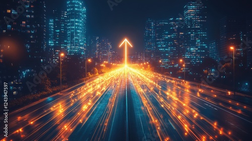 A vibrant cityscape at night with illuminated traffic and an upward arrow symbolizing direction.