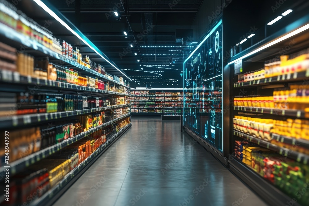 High-tech supermarket shelves with glowing futuristic interfaces High-tech supermarket shelves with glowing futuristic interfaces