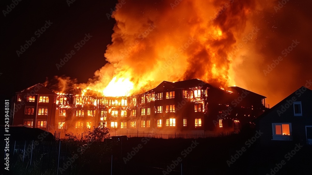 Intense Nighttime Blaze Engulfs Multi Story Building Massive Fire Emergency Response Intense Nighttime Blaze Engulfs Multi Story Building Massive Fire Emergency Response