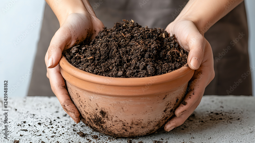 Hands holding clay pot filled with rich soil, gardening activity Hands holding clay pot filled with rich soil, gardening activity