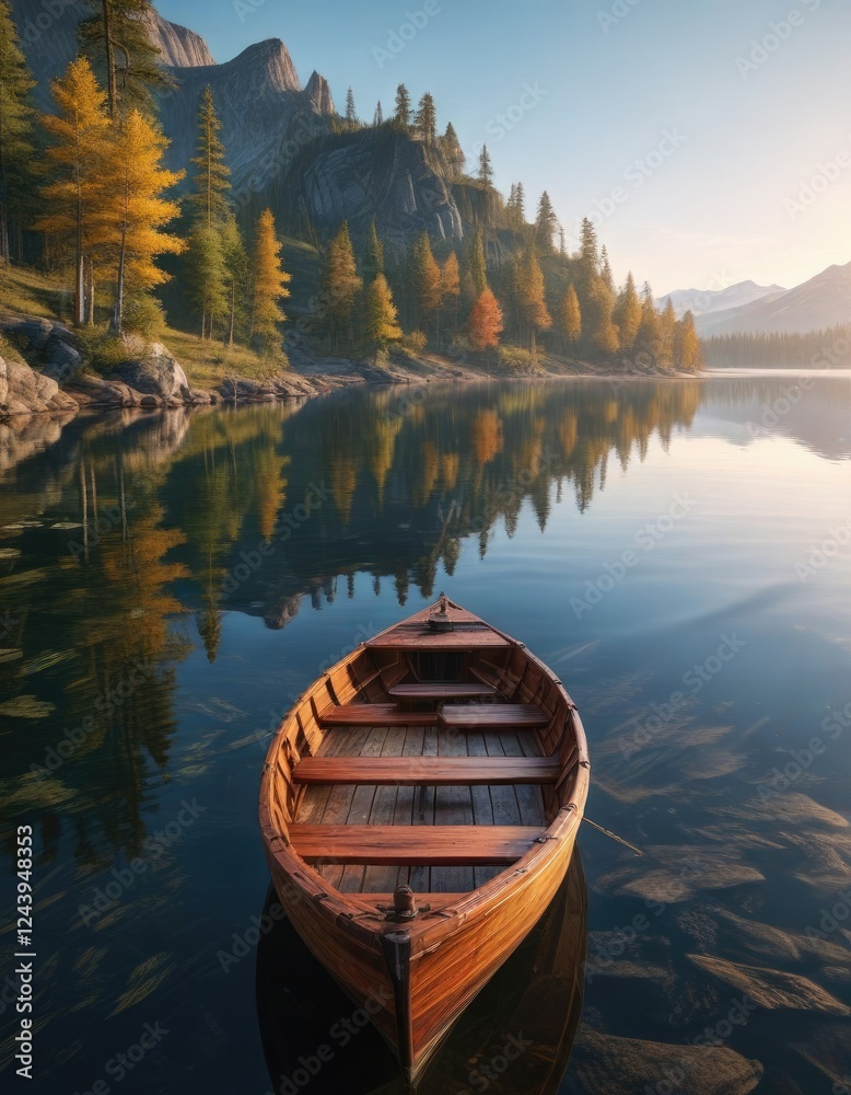 Obraz premium Wooden boat on the surface of a serene northern lake, boat sail, boat on the lake