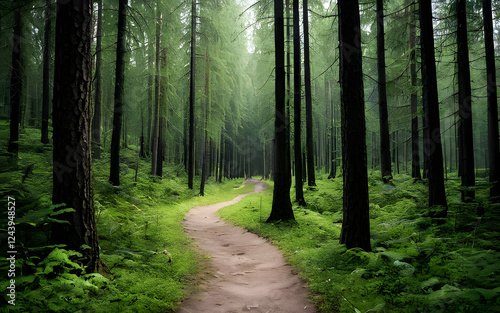 Deserted path through a thick forest