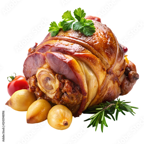 Delicious roasted pork knuckle with herbs and vegetables red food meat on transparent background